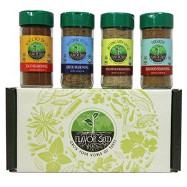 Flavor Seed Gift Set - 4 Organic Seasonings for Grilling & Cooking in Glass Shakers - Kosher, Vegan, Non-GMO, Craft Blended Spice Mix - Made in USA