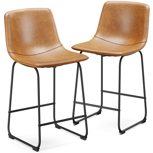 Aowos Bar Stools Set of 2, Modern Counter Height Bar Stools with Back, 26 inch PU Leather Bar Stools with Metal Legs and Footrest, Urban Armless Dining Chairs for Kitchens Island Brown