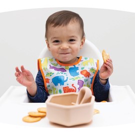 Tiny Twinkle Mess Proof Baby Bib - Waterproof Baby Apron - Machine Washable - PVC, BPA & Phthalate Free - Great Travel Bib for Baby Eating - Baby Food Bibs (Bright Safari, Small 6-24 Months), safari