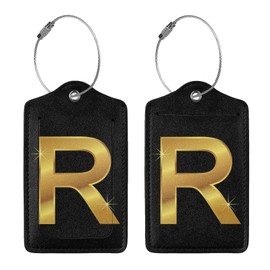 2 Pack Gold Print R Lettering Luggage Tag for Suitcase, Steel Loop with Privacy Cover ID Label, Travel Birthday Gift for Men Women