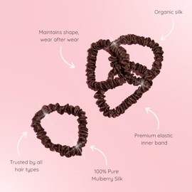 Silkie- SILKIE x4 Set 100% pura seda morera marrón Scrunchies delgados Estuche de viaje Lazos para el cabello para uso diario Elasti