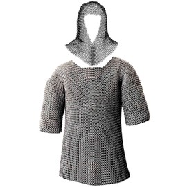 Mythrojan Chainmail Shirt with Coif Medieval Knight Armor Costume Medieval Chain Mail Shirt and Coif Armour Set Reenactment Warrior Haubergeon Historical Chainmail Replica – Zinc Plated, Medium Size