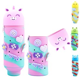 AUNGKWANG Kawaii Pencil Case, 2 in 1 Stand Pencil Case with Zip, Cute Cartoon Animal Pencil Case, Artist Pencil Case, Cute School Supplies, for Students, Teenagers, purple, Cartoon