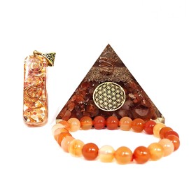 Sawcart Carnelian Crystal Orgone Pyramid with Flower of Life Symbol, Stone Bracelet & Orgone Pendant Necklace Kit for Aura Cleansing, Reiki Spiritual Healing, Energy Generator, Yoga Meditation