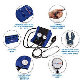 PARAMED Aneroid Sphygmomanometer with Stethoscope – Manual Blood Pressure Cuff with Universal Cuff 8.7-16.5" and D-Ring – Carrying Case in The kit – Blue