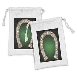 Lunarable Horseshoe Fabric Pouch Set of 2, Horseshoe Design Diamonds Fashion Treasure Crystal Digital Print, Small Drawstring Bag for Toiletries Masks and Favors, 9" x 6", Green Yellow Pearl