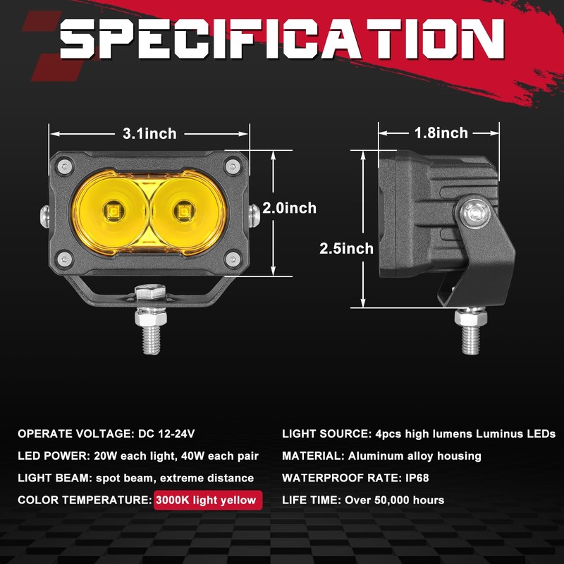 OFFROADTOWN Yellow LED Pods 2PCS 3 Inch Driving Lights 40W
