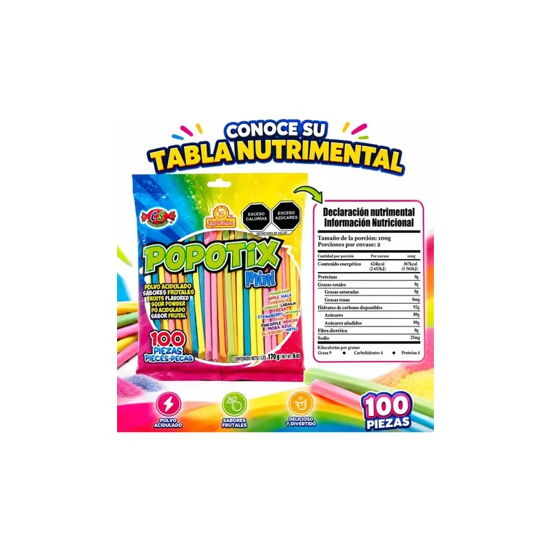 Popotix Mini 100 pzs Polvo Acidito Sabor Frutal Las Delicias