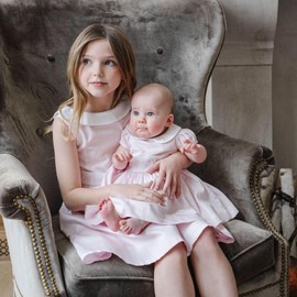 Hope & Henry Baby Baby Organic Short Sleeve Seersucker Dress with Peter Pan Collar, 18-24 Months, Pale Pink Sateen