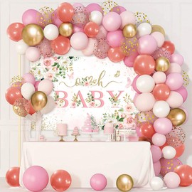 Mocsicka Girl Baby Shower Backdrop Banner Pink Floral Decorations for Girls Oh Baby Butterfly Photo Booth Props Background 70.8x43.3 inch