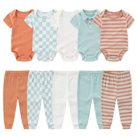 MAMIMAKA Newborn Baby Boy Girl Short Sleeve Bodysuit Cotton 10-Piece Baby Clothes Pant Set, 0-3 Months