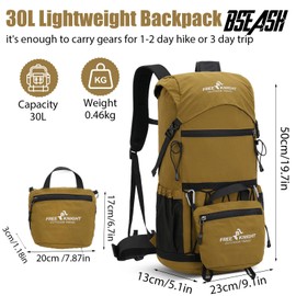 Bseash 30L Lightweight Hiking Backpack, Outdoor Sport Waterproof Travel Bag Daypack for Cycling Climbing Skiing (Khaki)