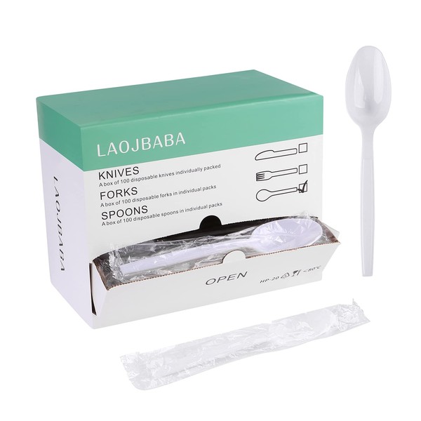 Laojbaba Plastic Spoons Disposable Individually Packaged Spoons White 7-Inch Commercial Take Away Spoons,Super Hard Mass Heavy Individually Wrapped Spoons 100 PCS