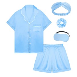 SEALINF Satin Girl Pajama Set Silk Pajamas for Girls With Eyemask 2 Pcs Button-up Sleepwear Kid Pjs Nightwear(Light Blue,160)