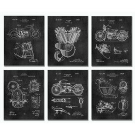 Harley Gifts For Men and Women Motorcycle Garage Decor Set of 6 (8x10) Unframed Patent Wall Art Prints Chalkboard Motorcycle Lovers Gift Ideas Blueprint Bikers Riders Man Cave Office