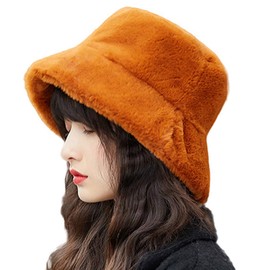 LLZ.COQUE Women's Winter Soft Faux Fur Fluffy Fishing Hat Wide Brim Fur Hat Winter Warm Hat for Girls, caramel
