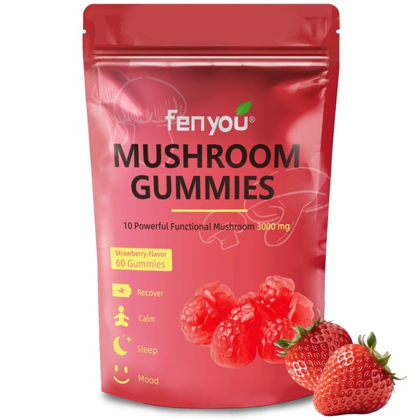 FENYOU Mushroom Gummies 3000mg 60count NINGMENG Vegan Low Sugar Brain