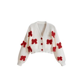 GORGLITTER Women's Cute Bow Cardigan Sweater Long Sleeve V Neck Button Down Pullover Top Apricot and Red Medium