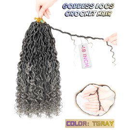 Goddess Locs Crochet Hair for Black Women,Salt and Pepper Pre Looped Faux Locs Crochet Hair with Curly Ends,Soft Synthetic Bohemian River Locs,18 Inch 8 Packs (TGray)