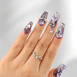 Sethexy Luxury Purple Rhinestone Handmade Fake Nail 3D Heart Crystals Long Coffin Press on Nails Butterfly Bow Bunny False Nail Salon Quality Nails for Women and Girls 10Pcs（A）