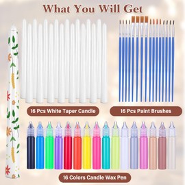 MTLEE 48 Pcs DIY Candle Painting Kit Include 16 White Taper Candles 16 Vibrant Colors Candle Wax Pen 16 Paint Brushes for DIY Crafts Festival Birthday Wedding Party Favors(9.8'')