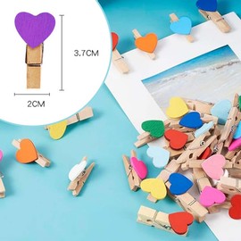 XURJUMI Pack of 50 Mini Colourful Wooden Clothes Pegs, Heart Shape Pegs, Photo Paper Clips with 10 Metre Jute String for DIY Decorations (Colourful Hearts)