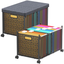 Modanais File Organizer Box, Large File Box for Hanging Letter/Legal Size File, File Folder Storage Box with Wheels, Decorative File Box for Office/Decor/Home, Metal (2 Pack)