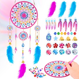 Diamond Painting Dream Catcher, 5D Diamond Painting Art for Kids, DIY Diamond Craft Kits Hanging Ornaments, Diamond Art Kits with Feather and Crystal Pendant for Girls, for Home, Garden Window Decor