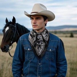 GENEMEN Bandanas for Men and Women Cowboy Bandana Western Scarf Paisley Print Handkerchiefs Pirate Headbands (Black White)