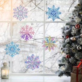 Ginfonr 6 PCS Christmas Window Clings, Snowflake Diamond Acrylic Window Static Ornaments, 5D Xams Double Sided DIY Reusable Christmas Indoor Decor with Adhesive Dots for Winter Party Home (4x4 Inch)