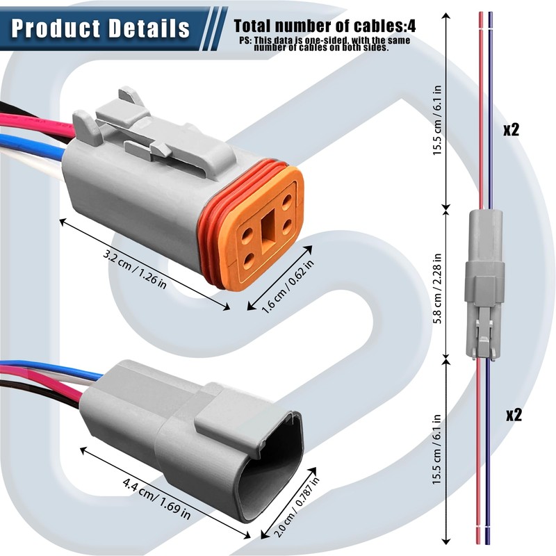 6Pack 4-Pin Waterproof DT Connectors with 16AWG Wires & Heat