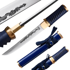 Handmade Royal Japanese Chrysanthemum Blade Tanto Short Katana Samurai Real 13 Inch 1065 Spring Steel Blade Steel Full Tang Traditional System Copper Koshigatana (Blue)