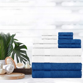 Ample Decor Set of 12 600 GSM 100% Cotton - 4 Bath Towels, 4 Hand Towels, 4 Wash Cloths, Absorbent Soft Premium Quality Machine Washable, Oeko Tex Certified Ideal for Gifting - White - Navy