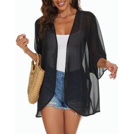 Womens Kimono Cardigans Beach Cover ups Swimwear Puff Sleeve Loose Casual Summer Tops (Black,XL)