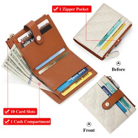FALAN MULE Women's Genuine Leather Wallet with RFID Protection Purse for Women Purse Small and Short Format, Ah white and brown