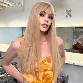 EMMOR Light Blonde Wig With Bangs For Women Long Straight Wigs Synthetic For Girl Cosplay And Daily Use(26" Light Blonde)