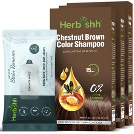 Herbishh Chestnut Brown Hair Dye Shampoo with Wipes | Natural Gray Hair Coverage | PPD-Free 3-in-1 Formula | 30 Travel Size Pack of 2 | 10 Sachets + Argan Mask + 5 Wipes