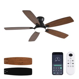 NKPU 52inch Ceiling Fans with Lights, Low Profile Ceiling Fan with Light and Remote/APP Control, DC Reversible Motor, Noiseless, Flush Mount, Brown Ceiling Fan for Bedroom Indoor/Outdoor Use