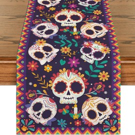 FurniGift Day of The Dead Party Table Runner, Mexican Sugar Skull Day of The Dead Home Decoration for Home Kitchen Dining Room 13x72 Inch