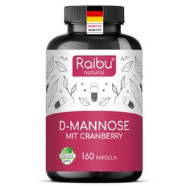 RAIBU Raibu D-Mannose Kapseln mit Cranberry - 2100 mg D Mannose pro Tagesdosis - 160 Kapseln hochdosiert - Vegan, natürlich, rein & ohne Zusätze in Deutschland produziert & laborgeprüft