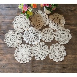 MINDPLUS Set of 10 Hand Crocheted Cotton Doilies Crochet Lace Doilies Coasters Placemat 15-18 cm Round Beige Vintage Wedding Tea Party (10 Pieces Beige)