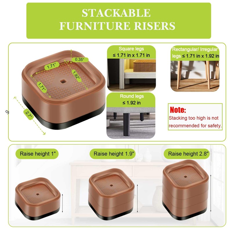 12 Pack Furniture Risers 1, 2 or 3 Inch, Adjustable