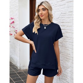 LOMON Womens 2 Piece Outfits High Waist Loungewear Shorts Set with Pockets Summer Short Sleeve Sweatsuits(Navy Blue,L)