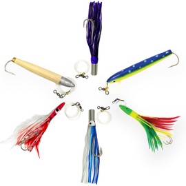 Tuna Fishing Lures Set – Cedar Plug, Tuna Feather, Jet Head & Bullet Lures Combo with 6-Pocket Saltwater Lure Bag – Ideal for Offshore Trolling