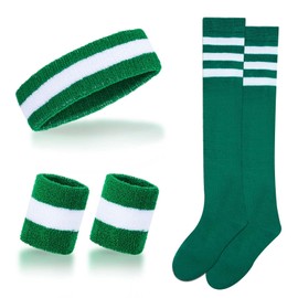 Haakong Striped Sweatbands Set Sports Headband Socks and Wristbands Sweatbands Striped Sweatband Set for Men and Women (White and Green, M)