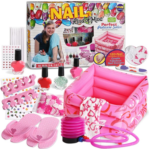 Kids Foot Spa Kit for Girls, Funkidz Pedicure Kit for Girls Includes Bigger Inflatable Foot Tub Inflator Pump Peelable Nail Polish Supplies for Sleepover Party