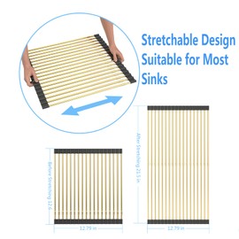 AXIMIXAME Expandable Large Draining Rack, Roll Up Heat-Resistant Dish Drainer for Stainless Steel Sinks, Collapsible Over The Sink Rack Non-Slip Silicone Rolling Up Rack Gold 18 Tube