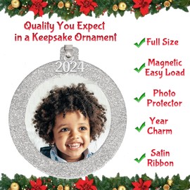 2024 Photo Ornaments for Christmas Tree, Sparkly Glitter Christmas Frame Ornament, Easy-Load Magnetic Design, Includes Satin Ribbon with Silver Charm Plus Photo Protector, Round, Red