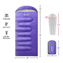 Atarashi Sleeping Bags for Adults, Womens Sleeping Bags for Camping, Hiking and Outdoors, 3-4 Seasons Warm Cold Weather, Lightweight, Portable, Purple Large Size with Compression Sack, 33''X87''