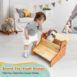 StrongTek 2-Step Kids Stool with Storage & DIY Name Blocks – Natural Pine Wood Toddler Step Stool with Non-Slip Pads, Smooth Finish, Easy Assembly, Perfect for Bathroom, Kitchen & Bedroom